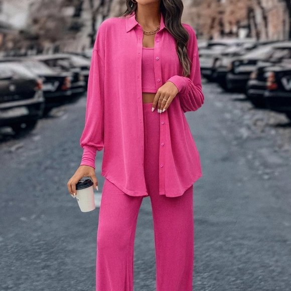 Pink Boho Womens Drop Shoulder Open Front Coat & Cami Top & Pants - Picture 4 of 6